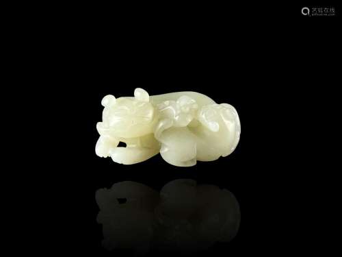 A Pale Celadon Jade Cat and Kitten Group , 18th/19th century...