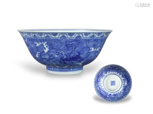 A Blue and White'Sea Creatures' Bowl, six character seal mar...