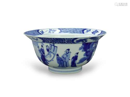 A Blue and White Bowl with Scholars, Kangxi six character ma...