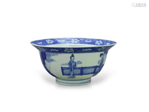 A Blue and White 'Helmet' Bowl, Kangxi清康熙 青花庭院仕女图折...