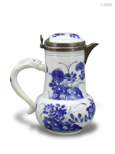 A Blue and White Jug and Cover with Dutch Silver Mounts, Kan...