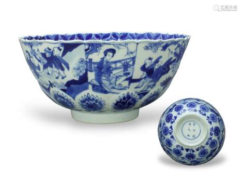 A Blue and White Petal Moulded Bowl, Kangxi清康熙 青花仕女婴...