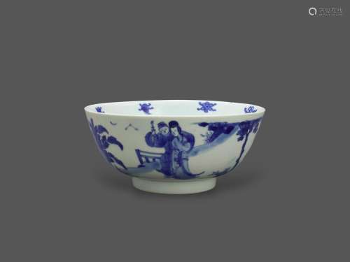 A Blue and White Bowl with Figures, Kangxi, six character ma...