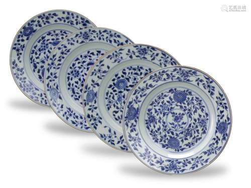 A Set of Four Blue and White Plates, Kangxi 清康熙 青花花卉纹...