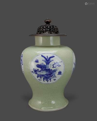 A Celadon Ground Blue and White Jar, Kangxi 清康熙 豆青地暗刻...