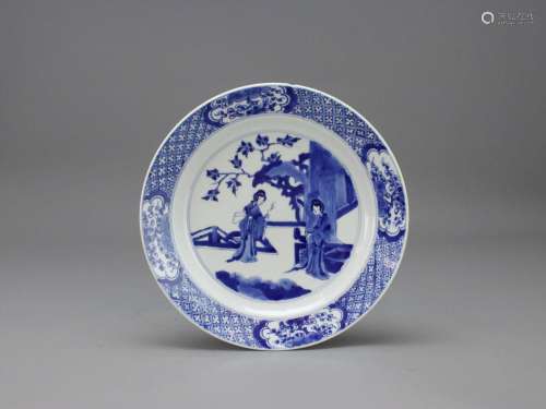 A Blue and White Plate with Ladies, Kangxi 清康熙 青花仕女婴...