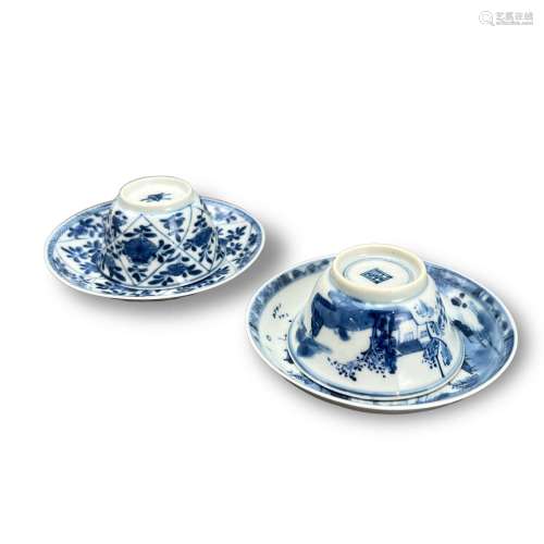 Blue and White Teawares, Kangxi 清康熙 青花茶杯及小碟两套 一...