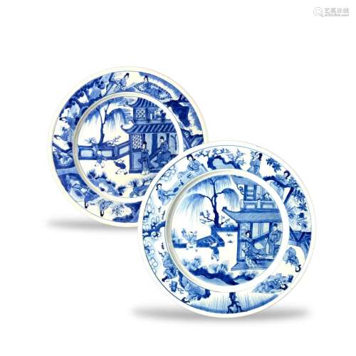 A Pair of Blue and White Plates, Kangxi  清康熙 青花庭院人物...
