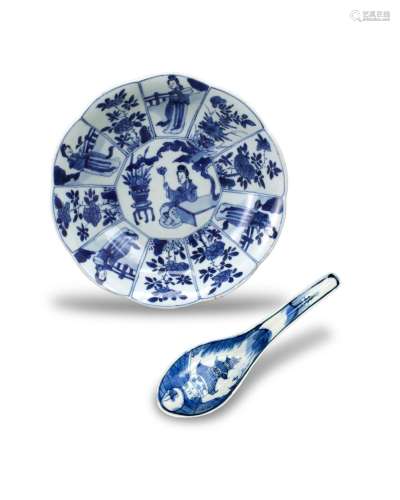 A Petal moulded Blue and White Bowl with ladies, Kangxi. A 1...