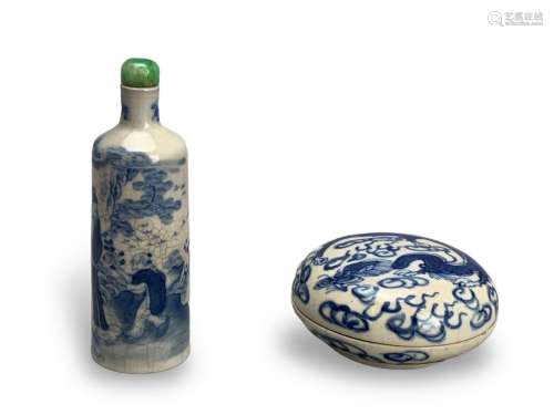 A Blue and White Box and Cover,and a Snuffbottle, 19th Centu...