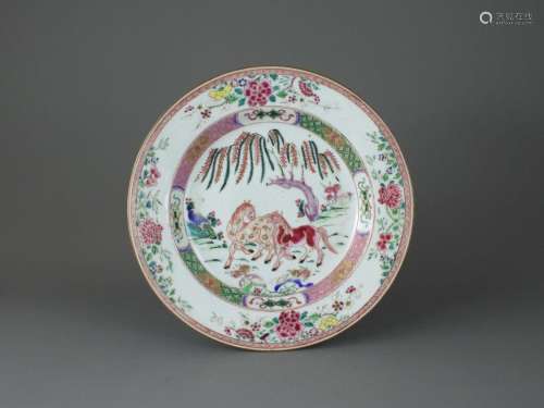 A 'rose verte' Plate with Two Horses, Yongzheng 清雍正 粉彩加...