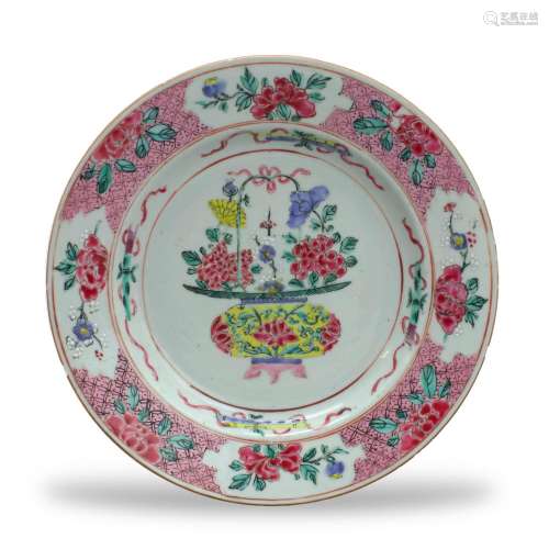 A 'famille rose' Plate with a Flower Basket, Yongzheng清雍正...