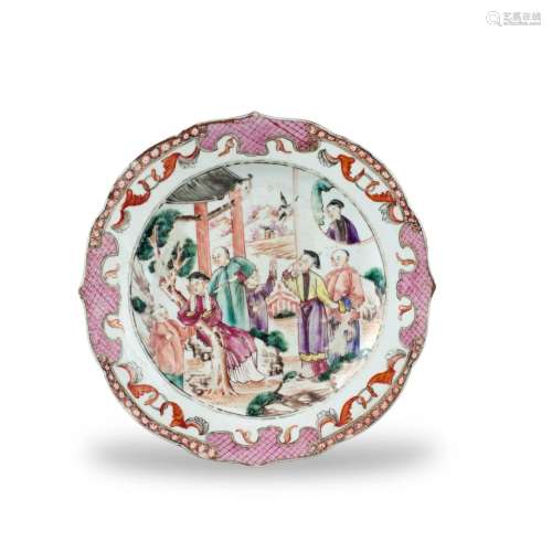 A 'Mandarin Palette' Plate with Figures, Qianlong 清乾隆 粉彩...