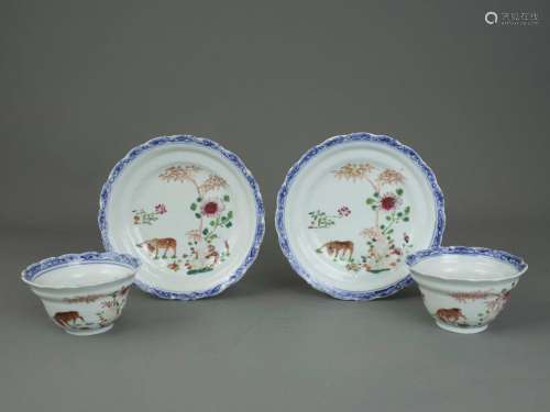 A Pair of 'famille rose' Cups and Saucers, Qianlong 清乾隆 粉...