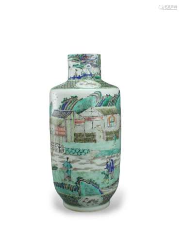 A 'famille verte' Rouleau Vase, 19th century19世纪 五彩山水纹...