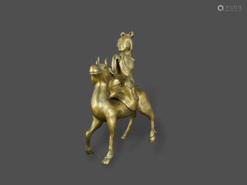 A Daoist Bronze of a Maiden on a Deer仕女瑞鹿铜像