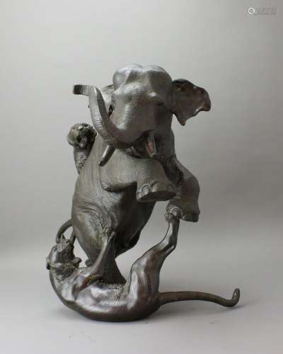 A Handsome Japanese Bronze Group of an Elephant attacked by ...