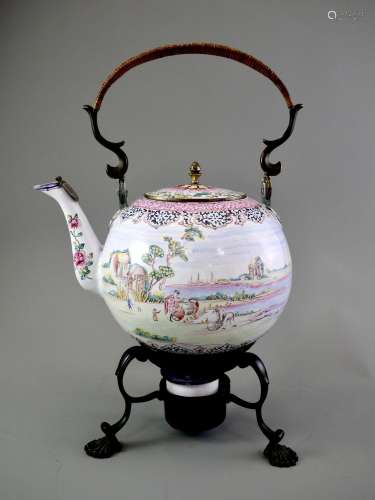 A Canton Enamel Kettle and Cover on Stand, Qianlong 清乾隆 广...