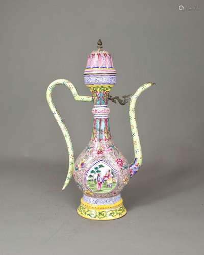 A Canton Enamel Ewer and Cover, Qing dynasty 清 广东铜胎画珐...