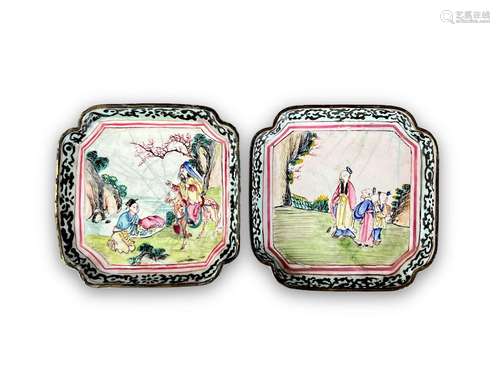 A Pair of Canton Enamel Dishes, Qianlong 清乾隆 广东铜胎画珐...