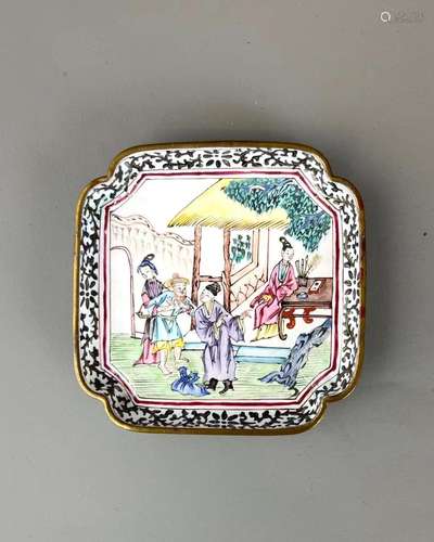 A Canton Enamel Dish with Figures, Qianlong 清乾隆 广东铜胎画...