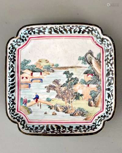 A Canton Enamel Landscape Dish, Qianlong 清乾隆 广东铜胎画珐...