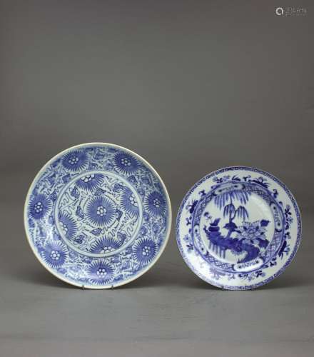 Two blue and white Dishes, Qing dynasty 清 青花盘 两件