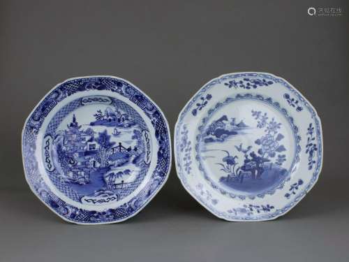Two Blue and White Plates, Qianlong 乾隆  青花瓷盘两件
