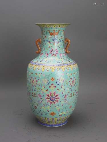 A turquoise ground lotus scroll Vase,Qianlong mark, Qing Dyn...