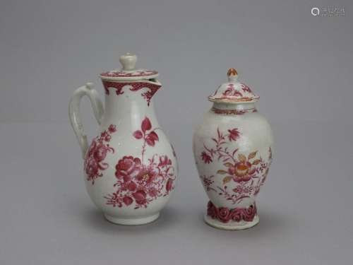 A puce decorated Milk Jug and Cover, and a Teapoy and Cover,...