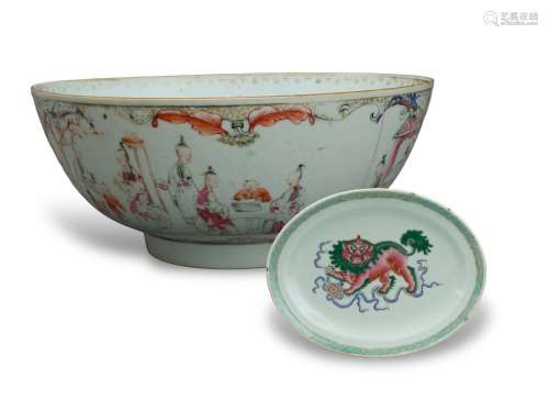 A 'famille rose' oval Lion Dish, and a Punchbowl, mid Qing d...