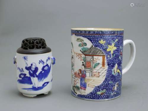 A 'famille rose' Mug, And a blue and white Pot, Qing dynasty...