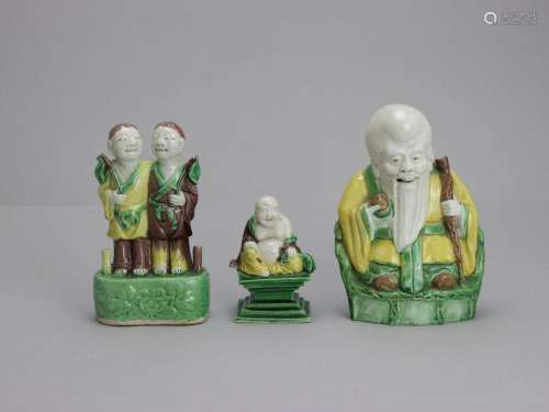 Three sancai biscuit Figure Groups, Qing dynasty 清 素三彩土...