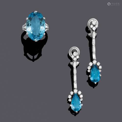 AQUAMARINE-DIAMANT-BOUCLES D'OREILLES ET BAGUE.Or blanc 750,...