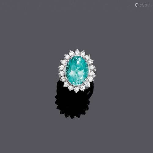 BAGUE PARAIBA-TOURMALINE-DIAMANT.Or blanc 750, 12g.Bague ajo...