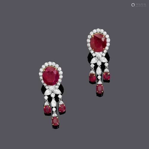 BOUCLES D'OREILLES DIAMANT RUBIS BIRMAN.Or blanc et jaune 75...