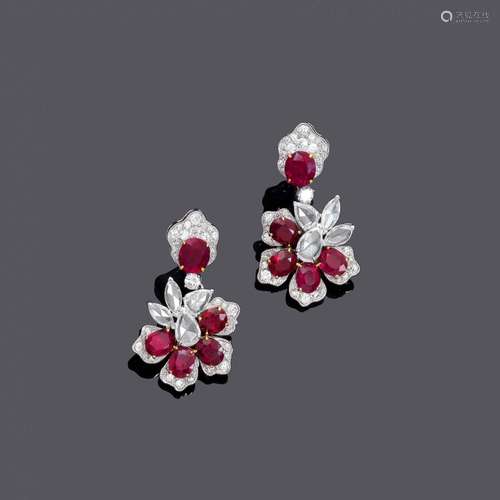 BOUCLES D'OREILLES DIAMANT RUBIS BIRMAN.Or blanc 750, 11g.Bo...