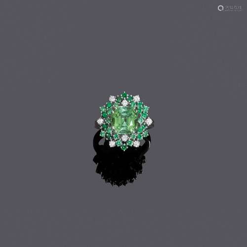 BAGUE TOURMALINE-TSAVORITE-DIAMANT.Or blanc 750, 10g.Bague c...