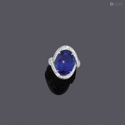 BAGUE TANZANITE-DIAMANT.Or blanc 750, 12g.Bague décorative e...