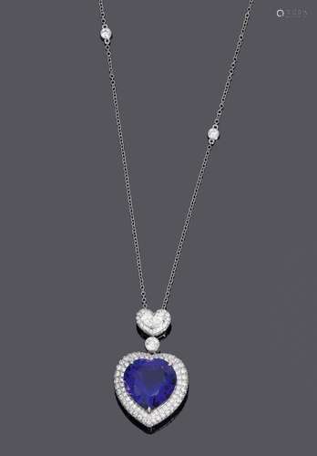 PENDENTIF TANZANITE-DIAMANT.Or blanc 750, 9g.Pendentif moder...