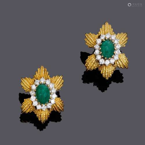 Boucles d'oreilles en or SMARAGD-DIAMANT, vers 1970.Or jaune...