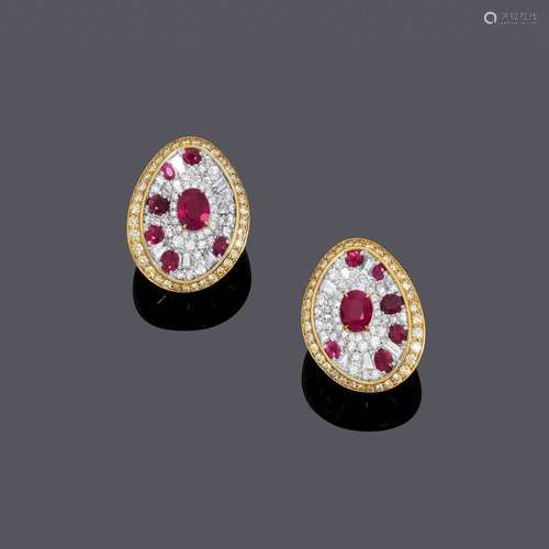 CLIPS D'OREILLES DIAMANT RUBIS BIRMAN.Or blanc et jaune 585,...