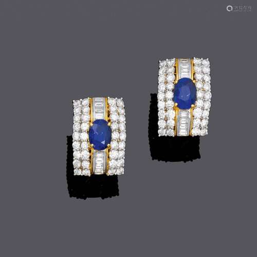 CLIPS D'OREILLES SAPHIR-DIAMANT.Or jaune 750, 25g.Clips d'or...