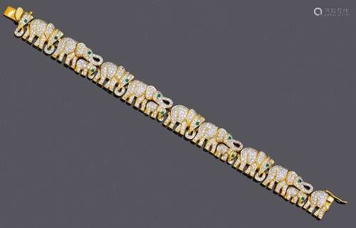 BRACELET DIAMANT-ÉMARAGES-OR, vers 1990.Or jaune 750, 47g.Br...