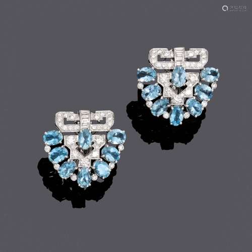 CLIPS D'OREILLES EN DIAMANT D'AIGUE-MARINE.Or blanc 750, 20g...