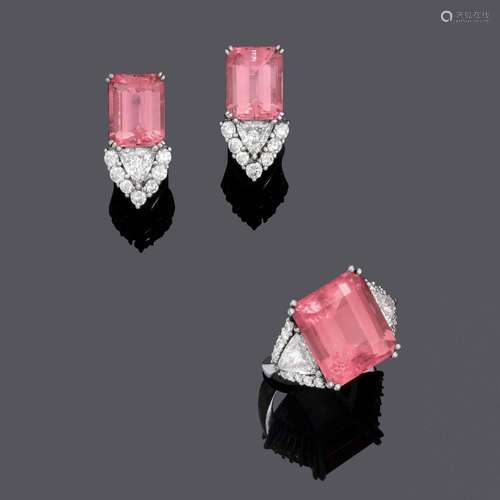 Boucles d'oreilles en tourmaline et diamant avec bague, vers...