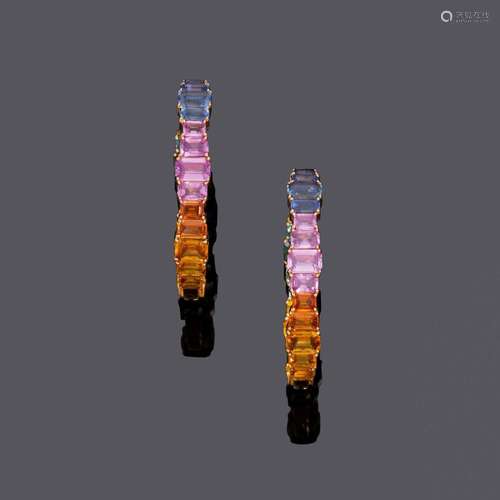 PENDENTIFS D'OREILLES EN SAPHIR MULTICOLORE.Or rose 750, 16g...