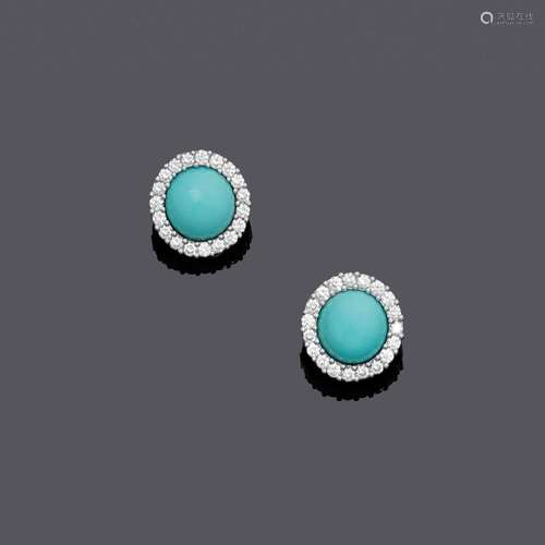 CLIPS D'OREILLES TURQUOISE-DIAMANT.Or blanc 750, 15g.Clips d...