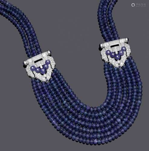 COLLIER TANZANITE-DIAMANT.Or blanc 750, 133g.Collier moderne...