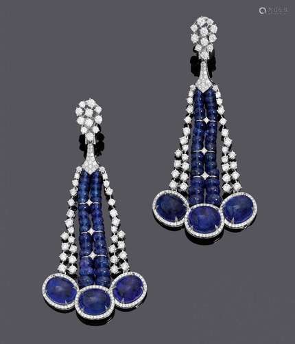 PENDENTIFS D'OREILLES TANZANITE-DIAMANT.Or blanc 750, 34g.Cl...